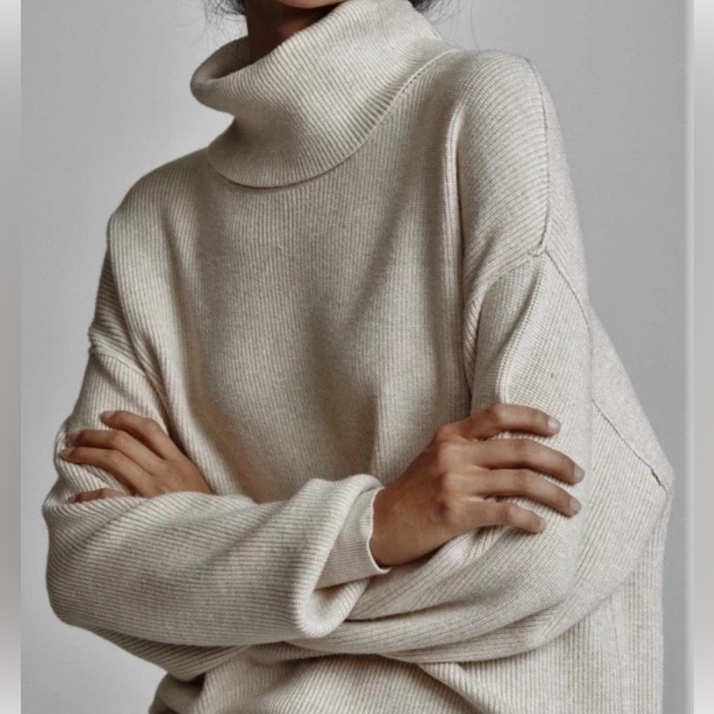 Free People Oversized Cream Turtleneck Tunic Sweater Size Small